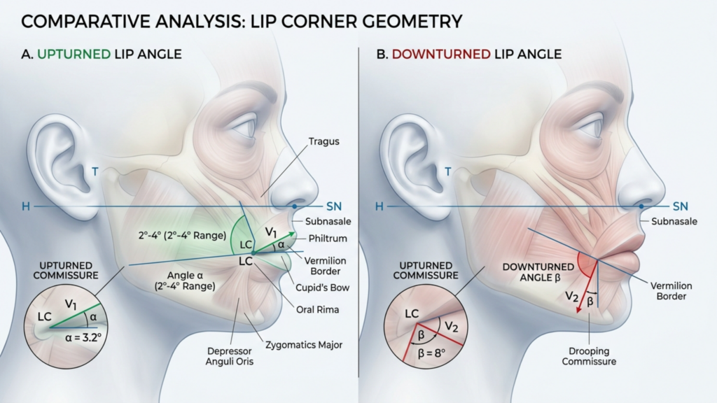 A detailed medical infographic titled 'Comparative Analysis: Lip Corner Geometry' presented in a clean, clinical digital illustration style. The image is split into two sections, A (Upturned Lip Angle) and B (Downturned Lip Angle), featuring side-profile anatomical diagrams of the human lower face. The visuals are rendered with high-definition clarity, utilizing a neutral, professional color palette of soft greys, whites, and muted medical-grade reds and greens. The composition focuses on the skeletal and muscular structures of the mandible and oral region, with precise geometric overlays, including lines (H, SN, V1, V2) and angular measurements (alpha, beta), to delineate the positioning of the lip commissures relative to the facial anatomy. Labels such as 'Tragus', 'Subnasale', 'Philtrum', 'Vermilion Border', 'Cupid's Bow', 'Oral Rima', 'Depressor Anguli Oris', and 'Zygomatics Major' are clearly indicated with fine lines and professional typography. The background is a clean, uniform light grey, creating a sterile, educational aesthetic suitable for plastic surgery or orthodontic literature. The overall presentation is sharp, highly legible, and lacks traditional photographic depth of field, prioritizing clinical accuracy and structural detail.