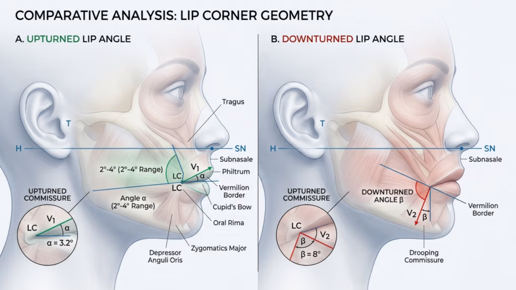 A detailed medical infographic titled 'Comparative Analysis: Lip Corner Geometry' presented in a clean, clinical digital illustration style. The image is split into two sections, A (Upturned Lip Angle) and B (Downturned Lip Angle), featuring side-profile anatomical diagrams of the human lower face. The visuals are rendered with high-definition clarity, utilizing a neutral, professional color palette of soft greys, whites, and muted medical-grade reds and greens. The composition focuses on the skeletal and muscular structures of the mandible and oral region, with precise geometric overlays, including lines (H, SN, V1, V2) and angular measurements (alpha, beta), to delineate the positioning of the lip commissures relative to the facial anatomy. Labels such as 'Tragus', 'Subnasale', 'Philtrum', 'Vermilion Border', 'Cupid's Bow', 'Oral Rima', 'Depressor Anguli Oris', and 'Zygomatics Major' are clearly indicated with fine lines and professional typography. The background is a clean, uniform light grey, creating a sterile, educational aesthetic suitable for plastic surgery or orthodontic literature. The overall presentation is sharp, highly legible, and lacks traditional photographic depth of field, prioritizing clinical accuracy and structural detail.