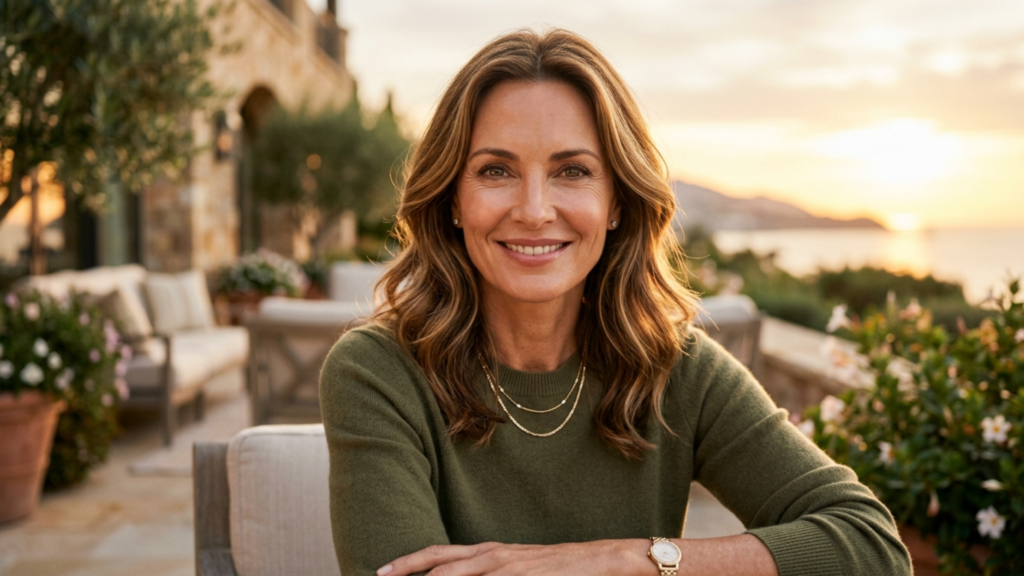 A high-end, editorial-style portrait of a poised woman in her 40s, captured with a professional DSLR aesthetic, likely using an 85mm prime lens for a flattering, shallow depth-of-field. The lighting is quintessential golden hour, utilizing soft, diffused ambient light that wraps gently around her facial contours, highlighting a radiant, natural complexion with subtle luminosity. She is dressed in an elegant, fine-knit olive green sweater, accessorized with delicate layered gold necklaces and a classic timepiece, conveying a sense of relaxed luxury. Her posture is graceful and confident, seated comfortably. The background features a blurred, opulent terrace overlooking a tranquil seascape at sunset, creating a serene, sophisticated, and aspirational lifestyle atmosphere. The image is crisp, detailed, and exhibits a polished, high-resolution finish typical of premium editorial photography.