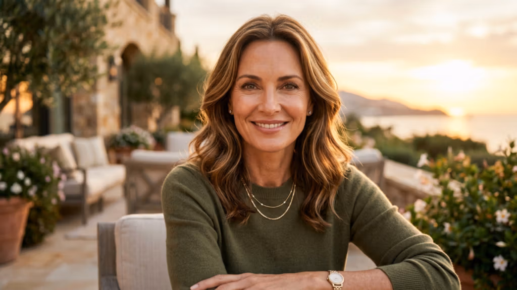A high-end, editorial-style portrait of a poised woman in her 40s, captured with a professional DSLR aesthetic, likely using an 85mm prime lens for a flattering, shallow depth-of-field. The lighting is quintessential golden hour, utilizing soft, diffused ambient light that wraps gently around her facial contours, highlighting a radiant, natural complexion with subtle luminosity. She is dressed in an elegant, fine-knit olive green sweater, accessorized with delicate layered gold necklaces and a classic timepiece, conveying a sense of relaxed luxury. Her posture is graceful and confident, seated comfortably. The background features a blurred, opulent terrace overlooking a tranquil seascape at sunset, creating a serene, sophisticated, and aspirational lifestyle atmosphere. The image is crisp, detailed, and exhibits a polished, high-resolution finish typical of premium editorial photography.