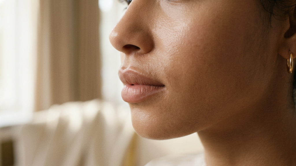 A high-definition, editorial-style macro portrait captured with an 85mm prime lens, showcasing a woman's profile in sharp focus. The lighting is soft and diffused, creating a natural glow that highlights the delicate texture of her skin, which appears radiant with a subtle, healthy luminescence. Her facial features are rendered with exquisite clarity, emphasizing the smooth contours of her nose, lips, and jawline. The composition is clean and minimalist, focusing on the refined elegance of the subject, who is accented by a simple gold hoop earring. The background is softly blurred in an out-of-focus interior, enhancing the professional DSLR quality and the serene, intimate atmosphere of the shot.