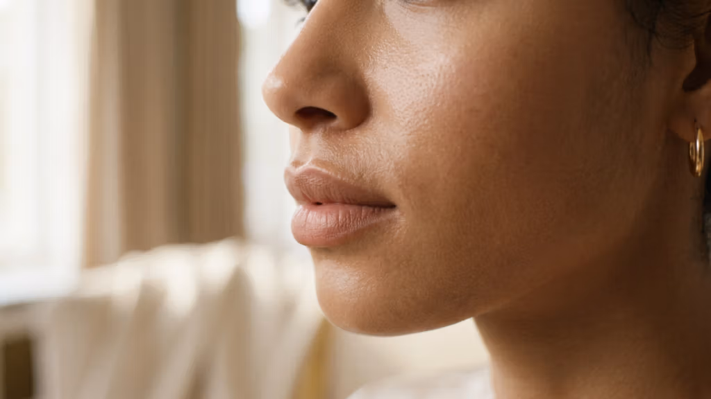 A high-definition, editorial-style macro portrait captured with an 85mm prime lens, showcasing a woman's profile in sharp focus. The lighting is soft and diffused, creating a natural glow that highlights the delicate texture of her skin, which appears radiant with a subtle, healthy luminescence. Her facial features are rendered with exquisite clarity, emphasizing the smooth contours of her nose, lips, and jawline. The composition is clean and minimalist, focusing on the refined elegance of the subject, who is accented by a simple gold hoop earring. The background is softly blurred in an out-of-focus interior, enhancing the professional DSLR quality and the serene, intimate atmosphere of the shot.