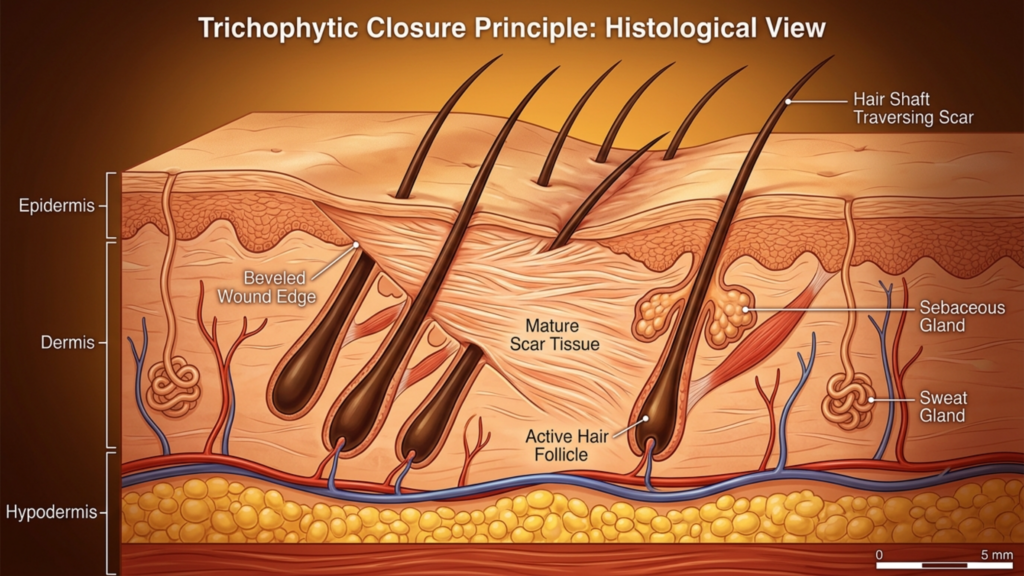 A highly detailed, professional medical illustration titled 'Trichophytic Closure Principle: Histological View' depicts a cross-section of human skin. The image showcases the epidermis, dermis, and hypodermis layers with clean, clinical rendering. It highlights a mature scar tissue formation where hair shafts are shown traversing the scar, illustrating the trichophytic technique. Key anatomical structures such as active hair follicles, sebaceous glands, sweat glands, and blood vessels are clearly labeled and rendered with precise, clean lines against a soft, gradient-lit clinical background, emphasizing anatomical accuracy over photography or human portraiture.