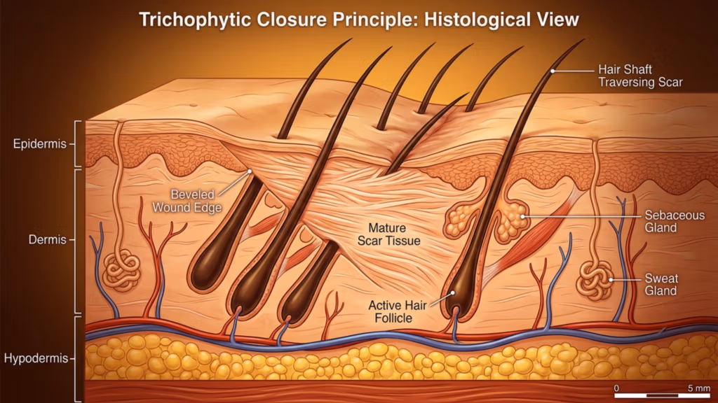 A highly detailed, professional medical illustration titled 'Trichophytic Closure Principle: Histological View' depicts a cross-section of human skin. The image showcases the epidermis, dermis, and hypodermis layers with clean, clinical rendering. It highlights a mature scar tissue formation where hair shafts are shown traversing the scar, illustrating the trichophytic technique. Key anatomical structures such as active hair follicles, sebaceous glands, sweat glands, and blood vessels are clearly labeled and rendered with precise, clean lines against a soft, gradient-lit clinical background, emphasizing anatomical accuracy over photography or human portraiture.