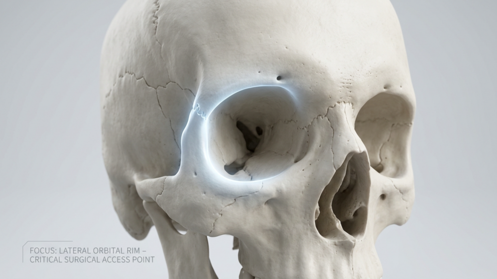 A clinical medical illustration captured with 100mm macro lens precision, showcasing a high-resolution, photorealistic human skull model against a sterile, neutral gray background. The lighting is deliberate and studio-quality, utilizing soft diffused illumination to emphasize the bone's porous texture and intricate cranial sutures, while a singular, intense rim light highlights the lateral orbital rim. This specific surgical access point is accentuated with a subtle, cool-toned bioluminescent glow, drawing the viewer's focus to the structural integrity of the zygomatic and frontal bone junction. The composition is minimalist and educational, presented in 4K resolution, effectively stripping away anatomical complexity to prioritize clear, professional clinical documentation and anatomical study.