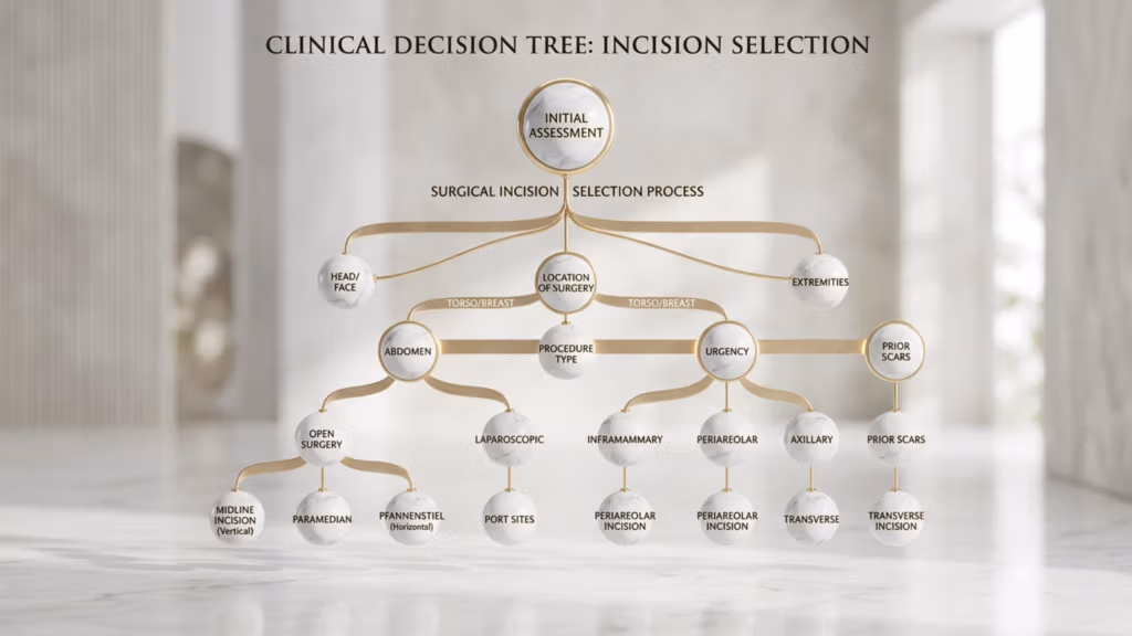 A professional, high-resolution digital infographic titled 'CLINICAL DECISION TREE: INCISION SELECTION', presented in a clean, clinical aesthetic. The visualization utilizes a series of interconnected, polished white marble spheres with elegant gold trim, suspended in a minimalist, light-filled architectural space. Captured with the clarity of a high-end commercial photograph, the image employs a soft, shallow depth of field that mimics a professional 85mm portrait lens, creating a luxurious and sterile atmosphere. The lighting is soft and diffused, reminiscent of soft-box studio illumination, which gently highlights the smooth texture of the marble and the metallic sheen of the interconnecting gold-toned lines. The composition is perfectly symmetrical, conveying authority and precision. The overall mood is sophisticated and medical, blending contemporary data visualization with high-end interior design elements.