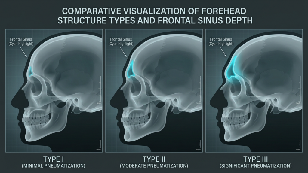 A professional medical infographic titled 'Comparative Visualization of Forehead Structure Types and Frontal Sinus Depth,' featuring three lateral skull profiles rendered in a clean, clinical 3D style. Each skull is set against a dark gray background with a subtle grid overlay, reminiscent of high-end diagnostic imaging or architectural drafting. The visuals utilize a cool-toned palette with soft, luminous highlights to isolate the frontal sinus cavity in a vibrant cyan, clearly demonstrating the varying degrees of pneumatization from Type I (minimal) to Type III (significant). The imagery maintains a high level of digital clarity and surgical precision, devoid of organic skin textures, focusing entirely on skeletal anatomy and anatomical education with a balanced, symmetrical layout.