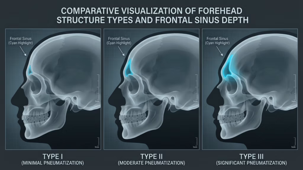 A professional medical infographic titled 'Comparative Visualization of Forehead Structure Types and Frontal Sinus Depth,' featuring three lateral skull profiles rendered in a clean, clinical 3D style. Each skull is set against a dark gray background with a subtle grid overlay, reminiscent of high-end diagnostic imaging or architectural drafting. The visuals utilize a cool-toned palette with soft, luminous highlights to isolate the frontal sinus cavity in a vibrant cyan, clearly demonstrating the varying degrees of pneumatization from Type I (minimal) to Type III (significant). The imagery maintains a high level of digital clarity and surgical precision, devoid of organic skin textures, focusing entirely on skeletal anatomy and anatomical education with a balanced, symmetrical layout.