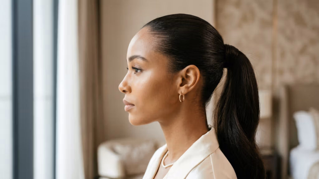 A high-resolution, professional DSLR editorial portrait of a woman in profile, captured with an 85mm lens that creates a flattering, compressed aesthetic and shallow depth of field. The lighting is soft and diffused, likely originating from an adjacent large window, casting gentle, natural highlights across her cheekbone, bridge of the nose, and jawline, while creating subtle, sophisticated contours. The subject, a woman with refined facial features and a serene, contemplative expression, is captured in a rigid yet graceful profile pose. Her skin is depicted with impeccable, natural clarity, showcasing a subtle, healthy luminescence without any artificial moisture or texture, reflecting a clean, polished finish. She is dressed in a garment made of high-end, lustrous cream-colored silk or satin, with a delicate pearl necklace visible at the collarbone, conveying an atmosphere of understated luxury. The composition is clean and minimalist, focusing sharply on her profile against a softly blurred, neutral-toned contemporary interior, resulting in an elegant and timeless aesthetic.