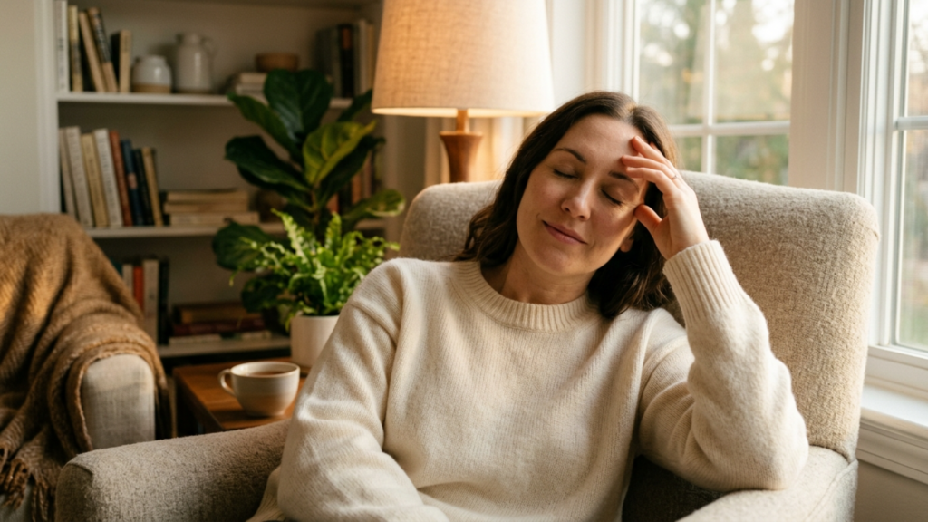 A professional, high-resolution lifestyle photograph captured with a 50mm lens, featuring a shallow depth of field typical of DSLR photography. The image depicts a woman in a serene, contemplative state, seated in an armchair. The lighting is soft and diffused, emanating from both a warm indoor lamp and natural daylight filtering through a window, creating a gentle, cozy atmosphere that highlights her relaxed posture. She is dressed in a textured, cream-colored knit sweater, the soft fibers of which are rendered with high detail. Her skin has a natural, matte, and healthy complexion. The composition is balanced and intimate, set against a background featuring a bookshelf and a houseplant, evoking a tranquil, domestic, and sophisticated mood.