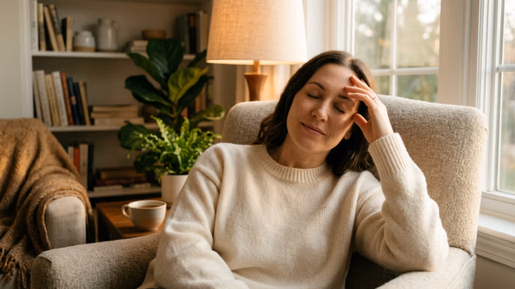 A professional, high-resolution lifestyle photograph captured with a 50mm lens, featuring a shallow depth of field typical of DSLR photography. The image depicts a woman in a serene, contemplative state, seated in an armchair. The lighting is soft and diffused, emanating from both a warm indoor lamp and natural daylight filtering through a window, creating a gentle, cozy atmosphere that highlights her relaxed posture. She is dressed in a textured, cream-colored knit sweater, the soft fibers of which are rendered with high detail. Her skin has a natural, matte, and healthy complexion. The composition is balanced and intimate, set against a background featuring a bookshelf and a houseplant, evoking a tranquil, domestic, and sophisticated mood.
