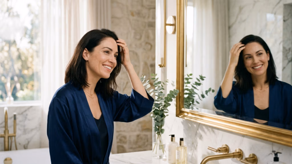 A high-end, editorial-style 4K DSLR photograph capturing a poised woman in a luxury bathroom setting. Shot with a sharp 50mm portrait lens, the composition utilizes natural, soft-diffused morning light entering from a side window, casting gentle, flattering highlights across her features. The subject, a woman with refined facial features and a natural, radiant complexion, is seen in profile adjusting her dark, shoulder-length hair with a graceful, relaxed posture. Her skin possesses a healthy, subtle luminescence with a clean, dewy texture. She is dressed in a sophisticated, deep navy blue silk robe with a fluid, satin-like drape that contrasts against the matte black inner layer. The background features a luxurious, light-filled bathroom with rustic stone wall textures, a white marble vanity, and an elegant, brushed gold-framed mirror that reflects her calm, smiling expression, creating a warm, serene, and aspirational lifestyle atmosphere.