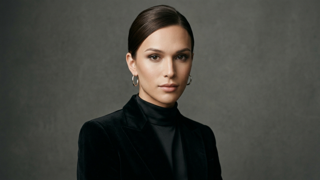 A professional editorial portrait featuring a striking woman with a sleek, center-parted dark hairstyle, captured in high-resolution DSLR photography reminiscent of an 85mm lens for flattering compression. The lighting is sophisticated and soft, creating subtle, elegant shadows that define her sharp, refined facial bone structure. Her skin tone is even and matte, exuding a polished luminescence without any visible moisture or perspiration. She is dressed in a tailored, jet-black velvet blazer layered over a smooth silk-blend turtleneck, complemented by classic silver hoop earrings that provide a subtle metallic accent. The subject maintains an poised, confident posture, framed against a minimalist, muted charcoal grey backdrop that emphasizes a clean, corporate-lux aesthetic. The overall composition is masterfully balanced, focusing on her composed gaze and the refined textures of her attire.