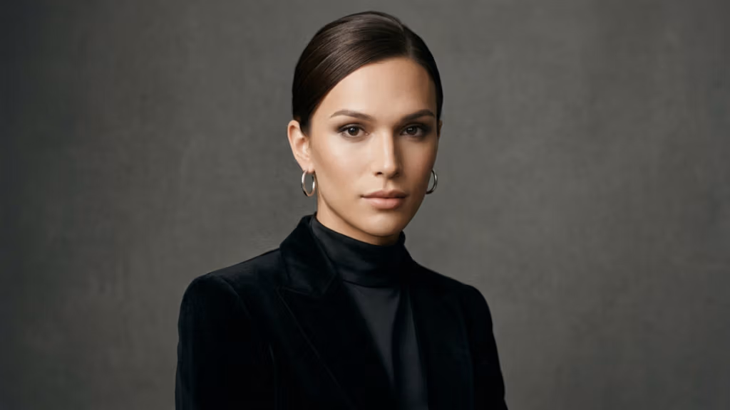 A professional editorial portrait featuring a striking woman with a sleek, center-parted dark hairstyle, captured in high-resolution DSLR photography reminiscent of an 85mm lens for flattering compression. The lighting is sophisticated and soft, creating subtle, elegant shadows that define her sharp, refined facial bone structure. Her skin tone is even and matte, exuding a polished luminescence without any visible moisture or perspiration. She is dressed in a tailored, jet-black velvet blazer layered over a smooth silk-blend turtleneck, complemented by classic silver hoop earrings that provide a subtle metallic accent. The subject maintains an poised, confident posture, framed against a minimalist, muted charcoal grey backdrop that emphasizes a clean, corporate-lux aesthetic. The overall composition is masterfully balanced, focusing on her composed gaze and the refined textures of her attire.