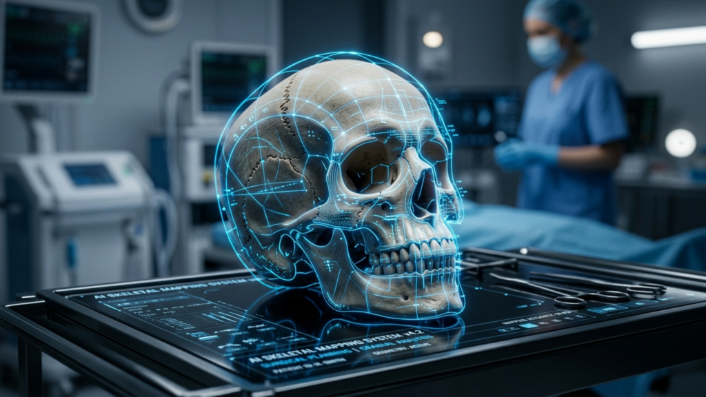 A high-resolution, cinematic editorial shot captured with a professional-grade 35mm lens, showcasing a realistic human skull as the central focus, intricately overlaid with a glowing, cyan-hued neon wireframe digital projection representing an 'AI Skeletal Mapping System'. The lighting is clinical and high-contrast, featuring cool, artificial blue tones emanating from the digital interface that cast sharp, futuristic highlights across the bone structure, emphasizing anatomical precision. The skull rests on a sleek, dark glass surgical console reflecting the digital data, which also displays subtle medical instrumentation. The background is a soft-focus, out-of-focus surgical operating room with a medical professional in blue scrubs visible, creating a sterile, high-tech industrial aesthetic. The image quality is crisp, mimicking the clarity of a high-end DSLR, blending organic anatomy with advanced medical technology.