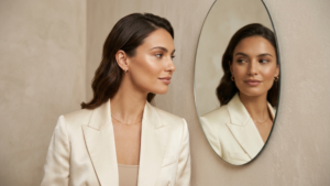Aufgenommen mit einer hochauflösenden DSLR und einem 85-mm-Porträtobjektiv, ist dieses Bild ein Paradebeispiel für professionelle Editorial-Fotografie mit geringer Schärfentiefe. Die elegante Frau ist von sanftem, diffusem Licht umhüllt, das von der Seite fällt und die Konturen ihrer Kieferpartie und Wangenknochen dezent hervorhebt. Ihr makelloser Teint strahlt mit einem subtilen, gesunden Schimmer, der das Licht auf natürliche Weise reflektiert. Sie trägt einen eleganten, cremefarbenen Satinblazer mit luxuriös schimmernder Textur, akzentuiert durch minimalistischen Goldschmuck. Die Komposition ist ausgewogen und introspektiv; sie ist in einem stillen Moment der Selbstreflexion eingefangen, während sie in einen runden Spiegel blickt, der ihren ruhigen, gelassenen Ausdruck widerspiegelt. Der neutrale, matte Putz im Hintergrund erzeugt eine klare, elegante und minimalistische Ästhetik, die die natürliche Anmut der Frau in den Mittelpunkt rückt.