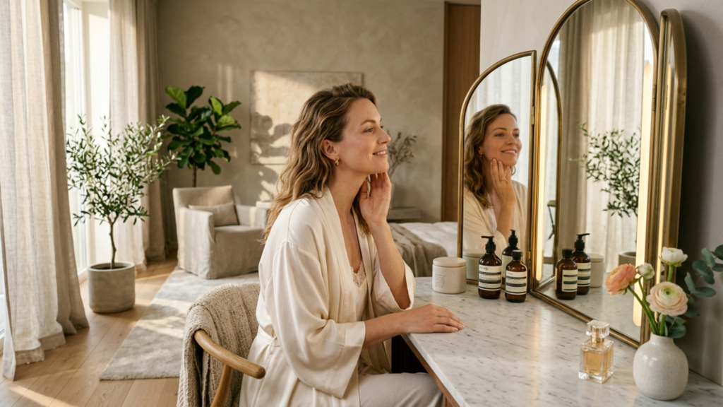 An editorial-style, high-resolution DSLR photograph captures a serene woman in profile at a luxurious marble vanity. Shot with an 85mm lens, the image features a shallow depth of field that keeps the focus on her radiant, luminous skin as she gently touches her cheek. The soft, natural light entering from the side creates delicate highlights and subtle shadows, accentuating her graceful posture and the smooth, flowing texture of her silk-satin robe. The background is a sophisticated, minimalist interior with warm, neutral tones, a potted olive tree, and a tri-fold vanity mirror reflecting her contemplative, gentle expression. The overall composition evokes an atmosphere of quiet elegance and refined self-care, with crisp details on the skincare bottles and the floral arrangement adding a touch of organic luxury.
