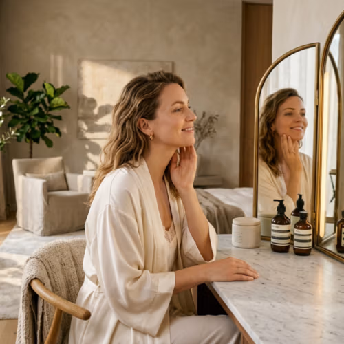 An editorial-style, high-resolution DSLR photograph captures a serene woman in profile at a luxurious marble vanity. Shot with an 85mm lens, the image features a shallow depth of field that keeps the focus on her radiant, luminous skin as she gently touches her cheek. The soft, natural light entering from the side creates delicate highlights and subtle shadows, accentuating her graceful posture and the smooth, flowing texture of her silk-satin robe. The background is a sophisticated, minimalist interior with warm, neutral tones, a potted olive tree, and a tri-fold vanity mirror reflecting her contemplative, gentle expression. The overall composition evokes an atmosphere of quiet elegance and refined self-care, with crisp details on the skincare bottles and the floral arrangement adding a touch of organic luxury.