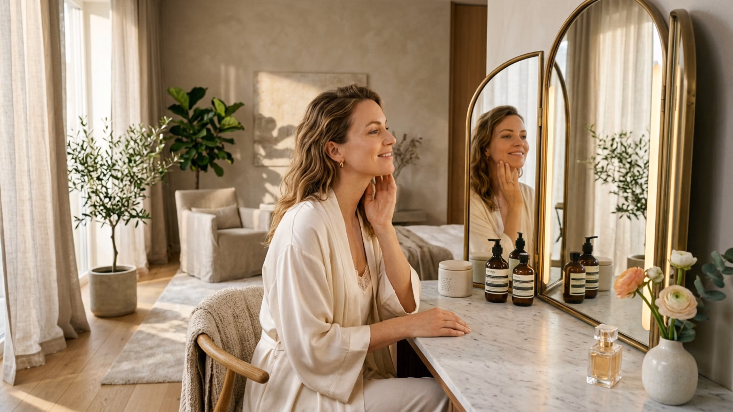 An editorial-style, high-resolution DSLR photograph captures a serene woman in profile at a luxurious marble vanity. Shot with an 85mm lens, the image features a shallow depth of field that keeps the focus on her radiant, luminous skin as she gently touches her cheek. The soft, natural light entering from the side creates delicate highlights and subtle shadows, accentuating her graceful posture and the smooth, flowing texture of her silk-satin robe. The background is a sophisticated, minimalist interior with warm, neutral tones, a potted olive tree, and a tri-fold vanity mirror reflecting her contemplative, gentle expression. The overall composition evokes an atmosphere of quiet elegance and refined self-care, with crisp details on the skincare bottles and the floral arrangement adding a touch of organic luxury.