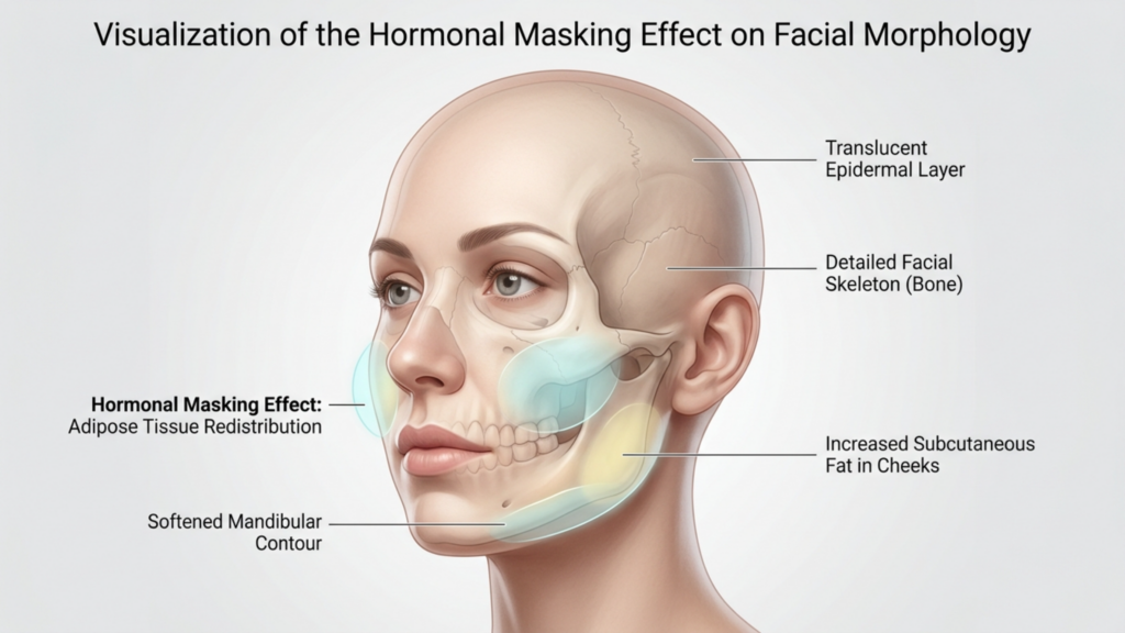 A professional medical infographic rendering titled 'Visualization of the Hormonal Masking Effect on Facial Morphology.' The image features a clinical, 3D-modeled portrait of a female head in a three-quarter view, set against a sterile, neutral gray background. The visual style mimics high-resolution, sharp-focus medical illustration, reminiscent of 4K digital medical imaging. The lighting is soft and diffuse, typical of clinical educational materials, designed to evenly illuminate the facial structures without harsh shadows. The illustration reveals anatomical layers, highlighting a translucent epidermal surface over a detailed facial skeleton. Specific regions, such as the cheeks and mandibular contour, are color-coded with subtle blue and yellow highlights to demonstrate adipose tissue redistribution and softened facial features resulting from the hormonal masking effect. The composition is clean, scholarly, and academic, devoid of fabric textures or metallic accessories, focusing purely on precise anatomical visualization and pedagogical clarity.