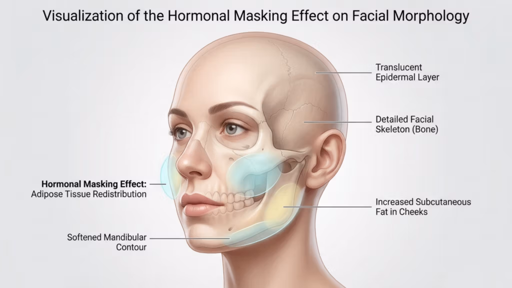 A professional medical infographic rendering titled 'Visualization of the Hormonal Masking Effect on Facial Morphology.' The image features a clinical, 3D-modeled portrait of a female head in a three-quarter view, set against a sterile, neutral gray background. The visual style mimics high-resolution, sharp-focus medical illustration, reminiscent of 4K digital medical imaging. The lighting is soft and diffuse, typical of clinical educational materials, designed to evenly illuminate the facial structures without harsh shadows. The illustration reveals anatomical layers, highlighting a translucent epidermal surface over a detailed facial skeleton. Specific regions, such as the cheeks and mandibular contour, are color-coded with subtle blue and yellow highlights to demonstrate adipose tissue redistribution and softened facial features resulting from the hormonal masking effect. The composition is clean, scholarly, and academic, devoid of fabric textures or metallic accessories, focusing purely on precise anatomical visualization and pedagogical clarity.