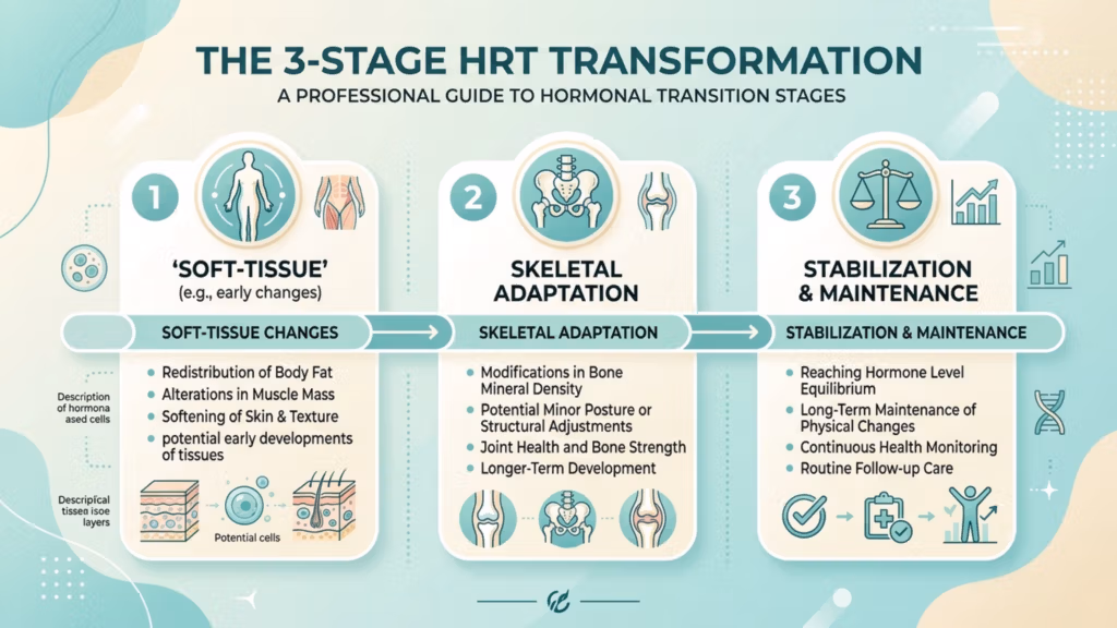 A professional, high-resolution infographic titled 'The 3-Stage HRT Transformation,' presented with a clean, clinical aesthetic. The design features a light mint green and off-white color palette with soft, rounded graphical elements. It is divided into three vertical panels representing different transition stages: 1. 'Soft-Tissue' (focusing on body fat redistribution and skin changes), 2. 'Skeletal Adaptation' (highlighting bone density and joint structural changes), and 3. 'Stabilization & Maintenance' (emphasizing hormone equilibrium and long-term care). The composition is balanced and scholarly, using flat, vector-style medical icons to illustrate biological processes, set against a subtle, geometric background pattern. The image exhibits crisp, high-definition digital rendering, typical of modern instructional medical illustration, with no photographic elements, human figures, or texture-heavy surfaces.