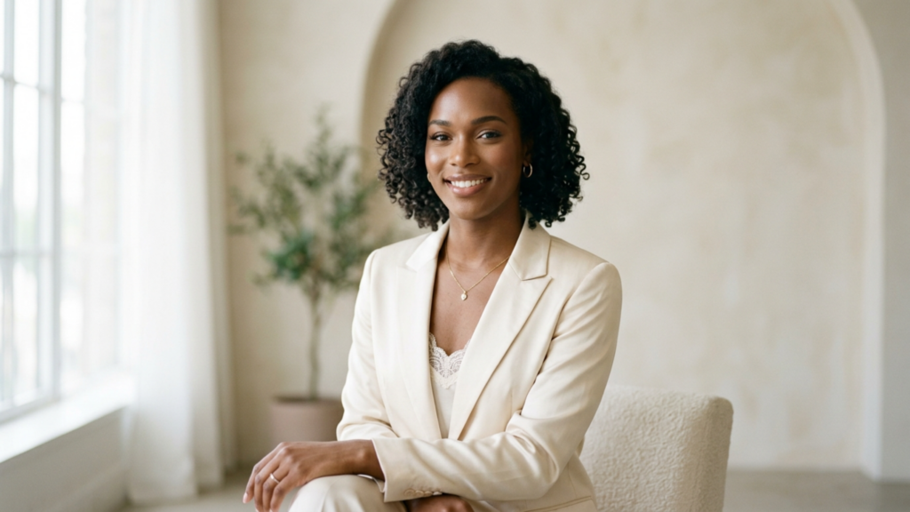A professional, high-resolution editorial portrait captured with an 85mm prime lens, delivering a crisp 4K DSLR aesthetic with a shallow depth of field that elegantly blurs the minimalist background. The subject, a woman with radiant skin and defined facial features, is framed in a confident, composed seated posture. She wears a tailored, cream-colored blazer over a delicate lace-trimmed camisole, projecting an air of sophisticated elegance. The lighting is soft and diffused, likely from a large side window, casting gentle highlights that emphasize the natural glow and smooth texture of her complexion. The background features a muted, arched architectural detail and a soft-focus potted olive tree, creating a serene, upscale environment. Her jewelry includes subtle gold hoop earrings and a dainty pendant necklace, complementing the monochrome, warm-toned palette of the image. The overall composition is balanced, clean, and professional, characteristic of modern high-end corporate or lifestyle photography.