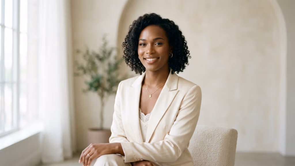 A professional, high-resolution editorial portrait captured with an 85mm prime lens, delivering a crisp 4K DSLR aesthetic with a shallow depth of field that elegantly blurs the minimalist background. The subject, a woman with radiant skin and defined facial features, is framed in a confident, composed seated posture. She wears a tailored, cream-colored blazer over a delicate lace-trimmed camisole, projecting an air of sophisticated elegance. The lighting is soft and diffused, likely from a large side window, casting gentle highlights that emphasize the natural glow and smooth texture of her complexion. The background features a muted, arched architectural detail and a soft-focus potted olive tree, creating a serene, upscale environment. Her jewelry includes subtle gold hoop earrings and a dainty pendant necklace, complementing the monochrome, warm-toned palette of the image. The overall composition is balanced, clean, and professional, characteristic of modern high-end corporate or lifestyle photography.