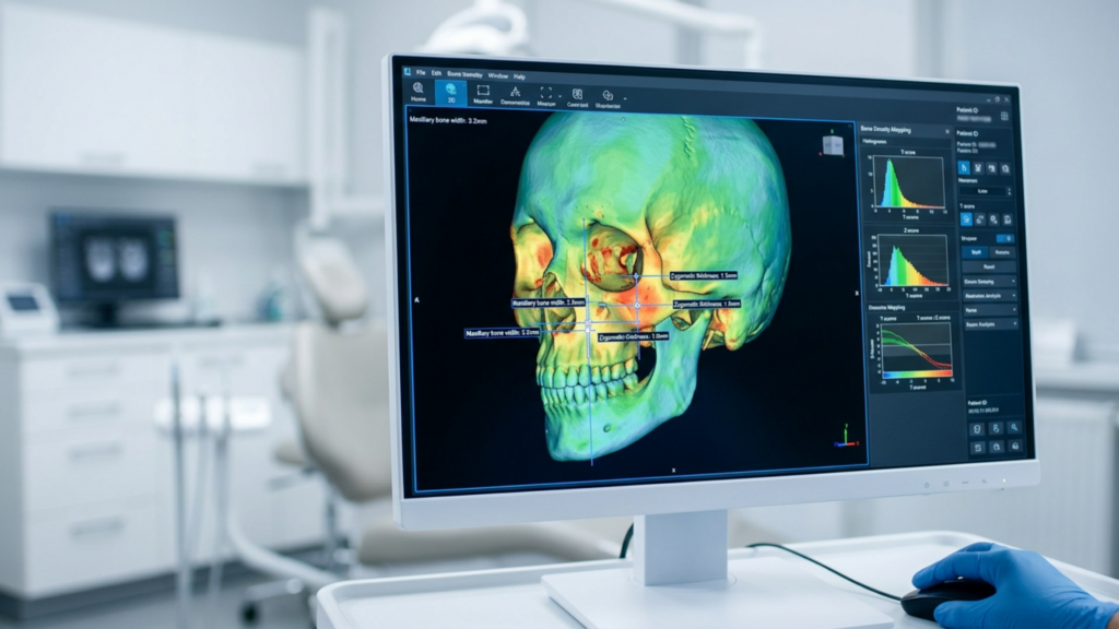 A high-resolution, professional editorial photograph capturing a modern medical office setting. The composition focuses on a sleek computer monitor displaying a 3D heat-mapped scan of a human skull, complete with detailed biometric measurements and density histograms. The scene is captured with a high-end 85mm lens, ensuring crisp, sharp focus on the screen’s intricate data interfaces while softening the background. The lighting is clinical and bright, characteristic of a high-tech medical environment, casting cool-toned, soft illumination that highlights the sterile aesthetic. In the foreground, a medical professional’s hand, encased in a vibrant blue nitrile glove, interacts with a computer mouse, bridging the gap between human precision and digital diagnostics. The backdrop shows a blurred, minimalist dental or surgical chair, reinforcing the professional, clean, and advanced atmosphere of the practice. The overall aesthetic is one of technological sophistication, precision, and clinical excellence.