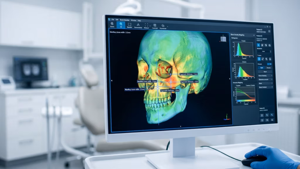 A high-resolution, professional editorial photograph capturing a modern medical office setting. The composition focuses on a sleek computer monitor displaying a 3D heat-mapped scan of a human skull, complete with detailed biometric measurements and density histograms. The scene is captured with a high-end 85mm lens, ensuring crisp, sharp focus on the screen’s intricate data interfaces while softening the background. The lighting is clinical and bright, characteristic of a high-tech medical environment, casting cool-toned, soft illumination that highlights the sterile aesthetic. In the foreground, a medical professional’s hand, encased in a vibrant blue nitrile glove, interacts with a computer mouse, bridging the gap between human precision and digital diagnostics. The backdrop shows a blurred, minimalist dental or surgical chair, reinforcing the professional, clean, and advanced atmosphere of the practice. The overall aesthetic is one of technological sophistication, precision, and clinical excellence.