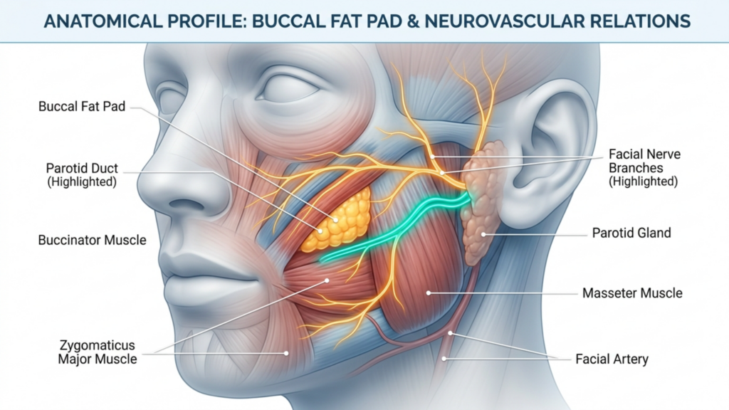 Eine hochauflösende, klinisch-medizinische Illustration mit dem Titel 'Anatomisches Profil: Wangenfettpolster & neurovaskuläre Beziehungen' vor einem klaren, neutralen Hintergrund. Das Bild dient als lehrreiche 3D-Darstellung und zeigt einen detaillierten Querschnitt des menschlichen Gesichts. Es hebt wichtige anatomische Strukturen hervor, darunter das Wangenfettpolster in einer markanten goldgelben Textur, die Ohrspeicheldrüse, den Kaumuskel (Musculus masseter und Musculus buccinator) sowie das komplexe, verzweigte Netzwerk der Gesichtsnervenäste in leuchtendem Gelb. Ein prominenter Ausführungsgang der Ohrspeicheldrüse ist zur besseren visuellen Unterscheidung in leuchtendem Türkis hervorgehoben. Die Illustration verwendet weiches, diffuses Studiolicht, um die Gesichtskonturen und die Tiefe zu definieren und so die Visualisierung in hochwertigen medizinischen Lehrbüchern nachzuahmen. Die Komposition ist als klares, informatives anatomisches Schema angelegt, wobei Klarheit und Präzision Vorrang vor fotorealistischer Genauigkeit haben. Sie verwendet eine professionelle digitale Ästhetik, die in der medizinischen Kommunikation üblich ist.