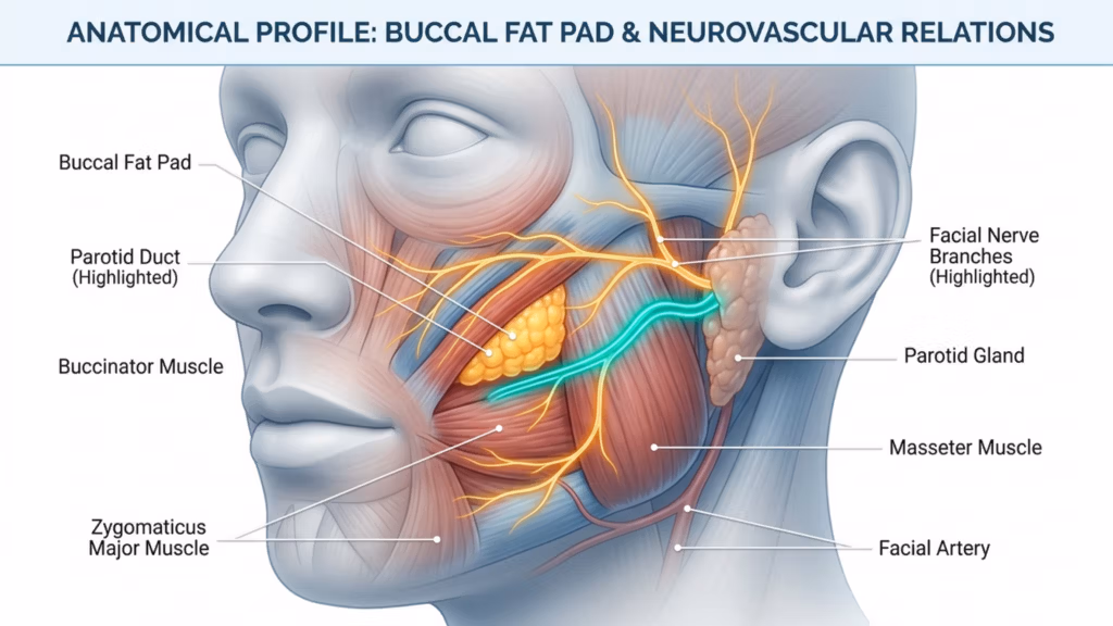 Eine hochauflösende, klinisch-medizinische Illustration mit dem Titel 'Anatomisches Profil: Wangenfettpolster & neurovaskuläre Beziehungen' vor einem klaren, neutralen Hintergrund. Das Bild dient als lehrreiche 3D-Darstellung und zeigt einen detaillierten Querschnitt des menschlichen Gesichts. Es hebt wichtige anatomische Strukturen hervor, darunter das Wangenfettpolster in einer markanten goldgelben Textur, die Ohrspeicheldrüse, den Kaumuskel (Musculus masseter und Musculus buccinator) sowie das komplexe, verzweigte Netzwerk der Gesichtsnervenäste in leuchtendem Gelb. Ein prominenter Ausführungsgang der Ohrspeicheldrüse ist zur besseren visuellen Unterscheidung in leuchtendem Türkis hervorgehoben. Die Illustration verwendet weiches, diffuses Studiolicht, um die Gesichtskonturen und die Tiefe zu definieren und so die Visualisierung in hochwertigen medizinischen Lehrbüchern nachzuahmen. Die Komposition ist als klares, informatives anatomisches Schema angelegt, wobei Klarheit und Präzision Vorrang vor fotorealistischer Genauigkeit haben. Sie verwendet eine professionelle digitale Ästhetik, die in der medizinischen Kommunikation üblich ist.