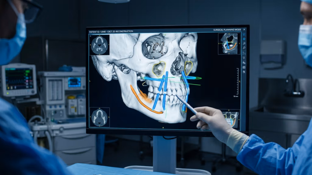 Eine professionelle, hochauflösende 4K-Fotografie zeigt zwei Chirurgen im Operationssaal. Im Fokus steht ein Hightech-Monitor, der eine 3D-CBCT-Gesichtsrekonstruktion (Cone Beam Computertomographie) darstellt. Die Komposition nutzt eine geringe Schärfentiefe, vermutlich aufgenommen mit einem 50-mm- oder 85-mm-Objektiv, um die behandschuhte Hand des Chirurgen, die auf den Bildschirm zeigt, hervorzuheben. Die Szene ist in kühles, klinisches Blaulicht getaucht, wodurch eine sterile, kontrastreiche Atmosphäre mit dramatischen Schatten entsteht, die die Präzision des Operationssaals unterstreichen. Die Chirurgen tragen professionelle blaue OP-Kleidung und -Masken, deren Stoffstruktur dezent erkennbar ist. Der zentrale Fokus liegt auf dem beleuchteten Bildschirm, der das digitale Schädelmodell mit orangefarbenen und blauen Planungs-Overlays zeigt. Die gestochen scharfe, digitale Darstellung symbolisiert fortschrittliche Medizintechnik und chirurgische Präzision in einem professionellen, modernen Gesundheitsumfeld.