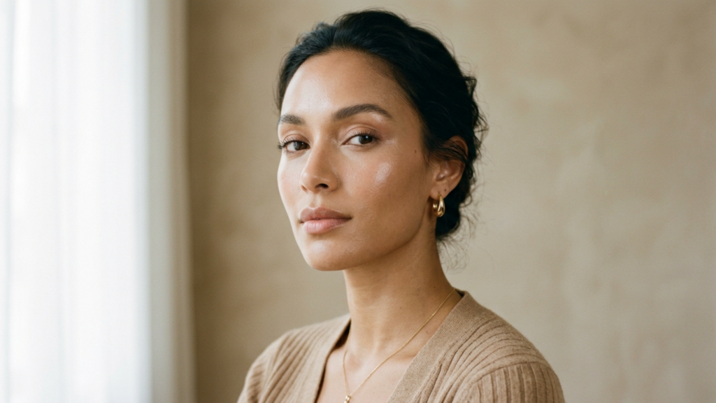A high-resolution, professional editorial portrait of a woman with an olive complexion, captured with an 85mm prime lens for a shallow depth of field and exquisite detail. The lighting is soft and diffused, emanating from the left, which gently highlights the high points of her face and creates subtle, natural shadows that define her elegant bone structure. Her skin is depicted with a luminous, dewy quality, showing natural texture and subtle radiance. She is styled in a minimalist, beige ribbed knit sweater, complemented by understated gold hoop earrings and a delicate matching necklace. The composition is a sophisticated head-and-shoulders shot against a textured, neutral-toned wall, evoking a sense of modern, serene luxury. The overall aesthetic is clean, cinematic, and timeless.