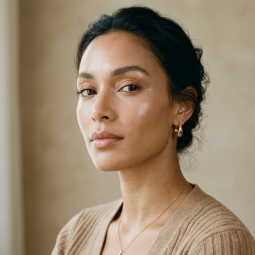 Portrait éditorial professionnel haute résolution d'une femme au teint olivâtre, réalisé avec un objectif fixe de 85 mm pour une faible profondeur de champ et une netteté exceptionnelle. La lumière douce et diffuse, provenant de la gauche, souligne délicatement les points saillants de son visage et crée des ombres subtiles et naturelles qui définissent l'élégance de ses traits. Sa peau, lumineuse et éclatante, révèle une texture naturelle et un éclat discret. Elle porte un pull minimaliste beige en maille côtelée, rehaussé de discrètes créoles dorées et d'un délicat collier assorti. Le cadrage sophistiqué, un plan buste sur un mur texturé aux tons neutres, évoque un luxe moderne et serein. L'esthétique générale est épurée, cinématographique et intemporelle.