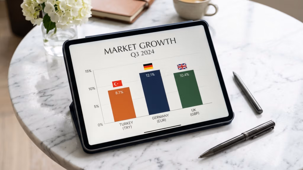 A high-resolution, professional product photograph captured with a 35mm lens, presenting a clear, crisp 4K aesthetic typical of modern commercial studio photography. The image focuses on a tablet displaying a 'Market Growth Q3 2024' bar chart on a sleek, white marble tabletop. The lighting is bright, soft, and diffuse, characteristic of a high-end office or lifestyle setting, creating a clean and professional atmosphere without harsh shadows. The composition is centered on the tablet, which serves as the primary focal point, flanked by a minimalist pen, a small vase of white flowers, and a coffee cup, lending a sophisticated corporate vibe. The image is devoid of human subjects, focusing entirely on a clean, professional aesthetic of modern business intelligence and data visualization.