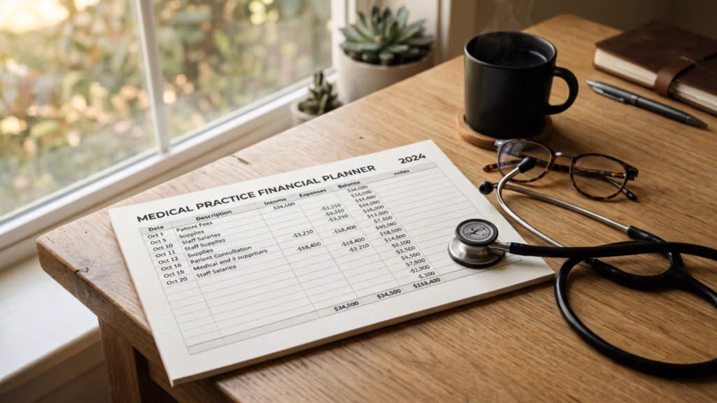 A professional, high-resolution DSLR-style shot capturing a 'Medical Practice Financial Planner' document resting on a warm-toned wooden desk. The composition is clean and focused, shot with a shallow depth of field typical of an 85mm macro lens, which emphasizes the crisp text of the financial table while softly blurring the background. Soft, natural ambient light streams in from a nearby window, casting gentle highlights across the polished wooden surface and the metallic components of a stethoscope lying adjacent to the paper. The scene exudes an atmosphere of organized, clinical professionalism. Other elements include a black ceramic mug, a pair of classic tortoiseshell-rimmed glasses, a notebook, and a small potted plant, all contributing to a calm, productive office aesthetic. The lighting balances soft diffused daylight with subtle reflections on the stethoscope's chest piece, enhancing the tactile quality of the textures.