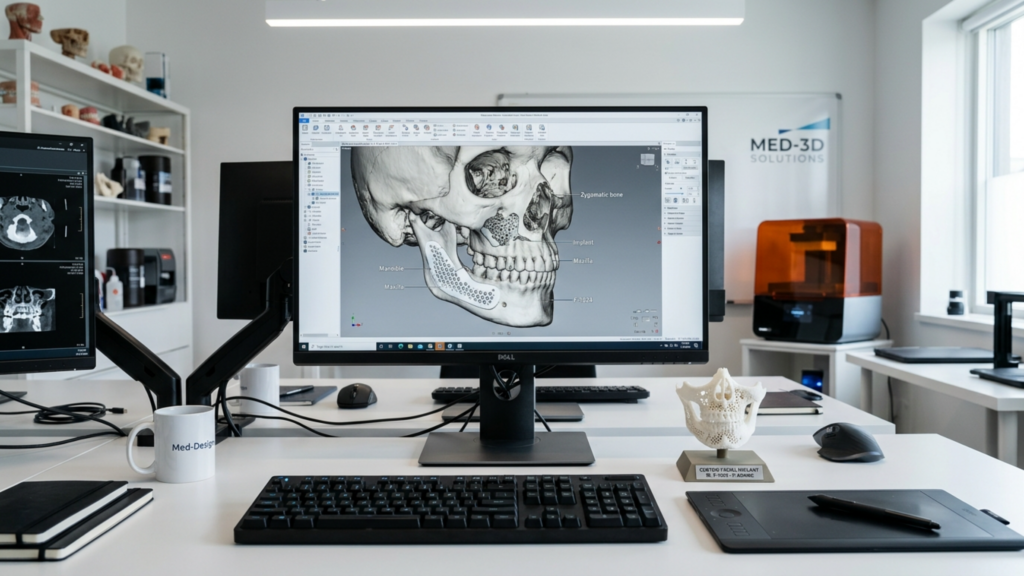 A high-resolution, editorial-style photograph of a modern medical design workspace. The image, captured with a professional-grade 35mm lens, features a crisp, 4K composition focused on a central computer monitor displaying a detailed 3D digital reconstruction of a human skull, complete with surgical implant annotations. The lighting is bright, clean, and clinical, utilizing soft, diffuse overhead illumination that eliminates harsh shadows and creates an atmosphere of professional precision. In the foreground, a 3D-printed white mandibular model rests on the desk next to a graphic tablet and peripherals, emphasizing the high-tech, innovative nature of the environment. The background is a tidy, white-walled office setting with shelves holding anatomical models and a subtle 'MED-3D SOLUTIONS' logo on the wall, reinforcing the clinical, high-tech aesthetic of a specialized medical engineering lab.