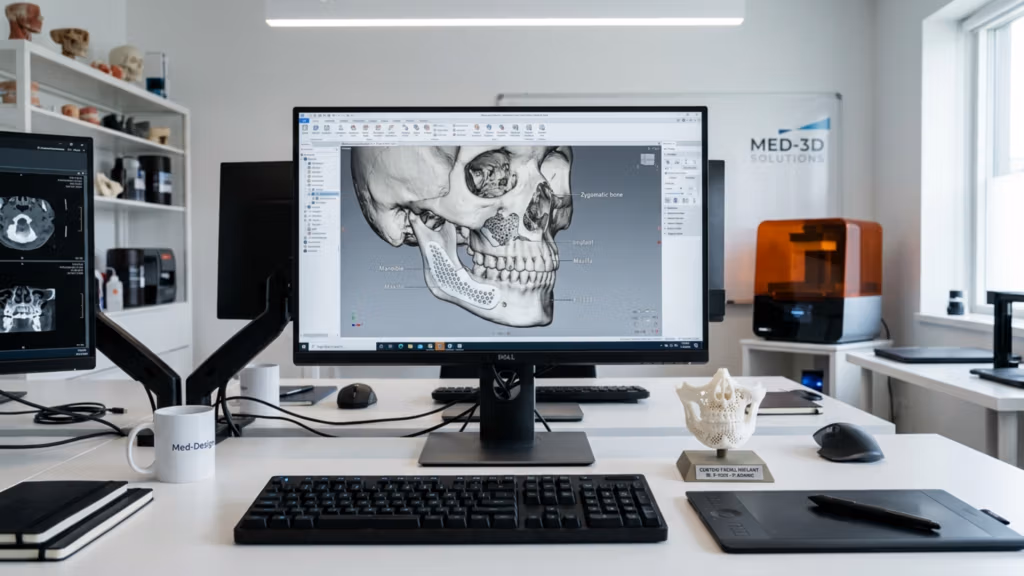 A high-resolution, editorial-style photograph of a modern medical design workspace. The image, captured with a professional-grade 35mm lens, features a crisp, 4K composition focused on a central computer monitor displaying a detailed 3D digital reconstruction of a human skull, complete with surgical implant annotations. The lighting is bright, clean, and clinical, utilizing soft, diffuse overhead illumination that eliminates harsh shadows and creates an atmosphere of professional precision. In the foreground, a 3D-printed white mandibular model rests on the desk next to a graphic tablet and peripherals, emphasizing the high-tech, innovative nature of the environment. The background is a tidy, white-walled office setting with shelves holding anatomical models and a subtle 'MED-3D SOLUTIONS' logo on the wall, reinforcing the clinical, high-tech aesthetic of a specialized medical engineering lab.