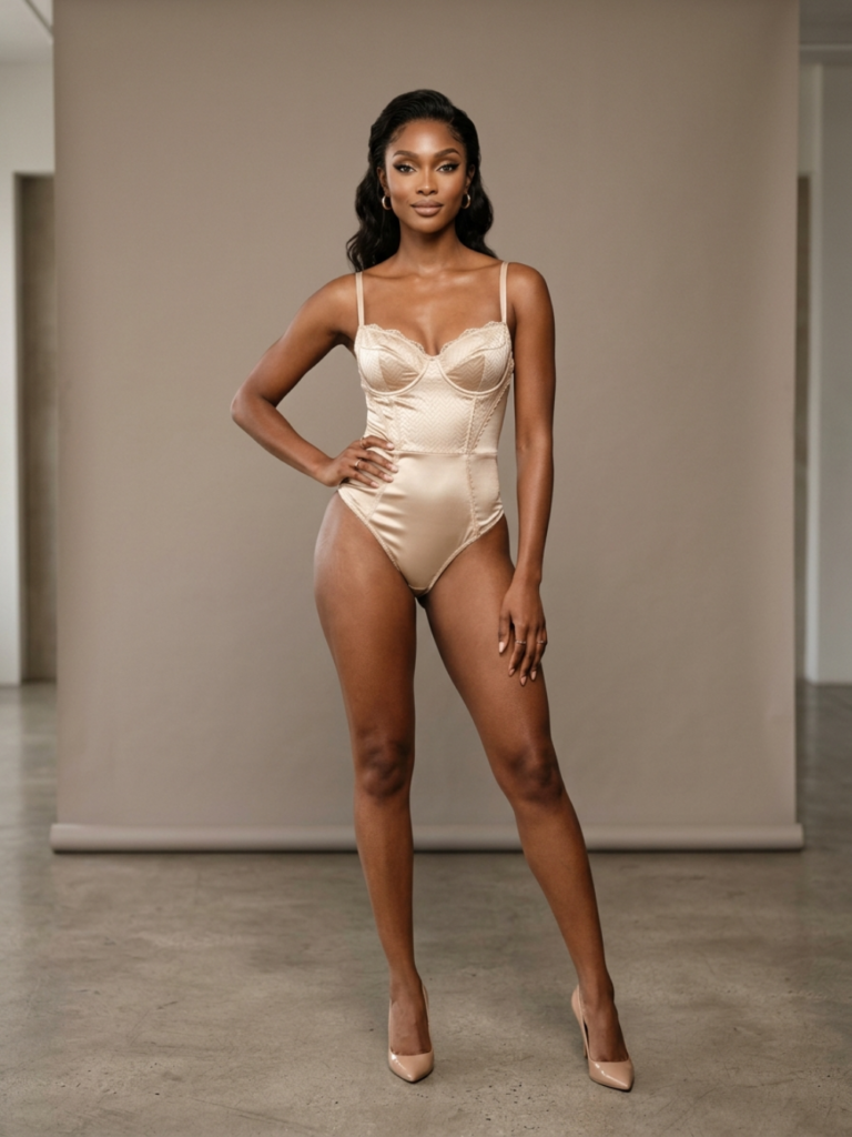 A high-fashion editorial portrait captured with an 85mm prime lens, showcasing DSLR-quality clarity and a full-body composition. The subject is a striking woman with a toned, athletic physique, posing with a confident, centered posture that accentuates her snatched waist and elegant curves. The lighting is masterfully diffused, creating a soft, flattering illumination that highlights the smooth texture and natural luminescence of her skin, devoid of perspiration to maintain a clean, sophisticated aesthetic. She is wearing a structured beige bodysuit crafted from a luxurious blend of satin and lace, featuring intricate stitching and subtle architectural paneling. The composition is clean and minimalist, set against a neutral, warm-toned studio backdrop with a smooth concrete floor, evoking an atmosphere of understated, contemporary luxury and high-end editorial refinement.