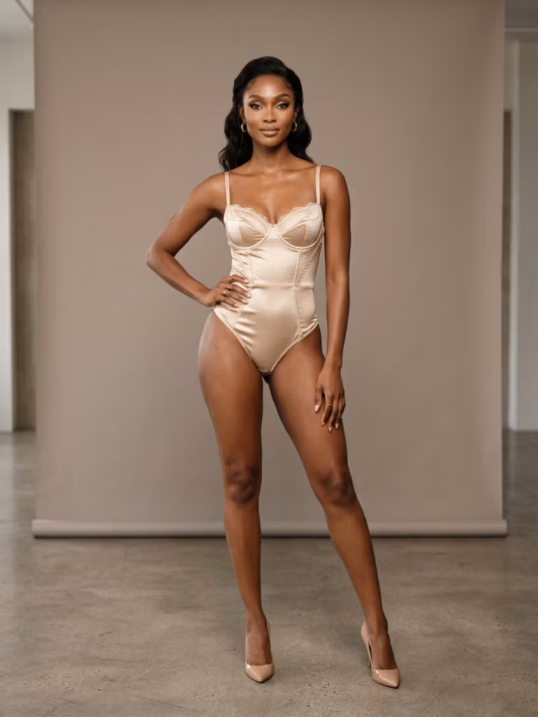 A high-fashion editorial portrait captured with an 85mm prime lens, showcasing DSLR-quality clarity and a full-body composition. The subject is a striking woman with a toned, athletic physique, posing with a confident, centered posture that accentuates her snatched waist and elegant curves. The lighting is masterfully diffused, creating a soft, flattering illumination that highlights the smooth texture and natural luminescence of her skin, devoid of perspiration to maintain a clean, sophisticated aesthetic. She is wearing a structured beige bodysuit crafted from a luxurious blend of satin and lace, featuring intricate stitching and subtle architectural paneling. The composition is clean and minimalist, set against a neutral, warm-toned studio backdrop with a smooth concrete floor, evoking an atmosphere of understated, contemporary luxury and high-end editorial refinement.