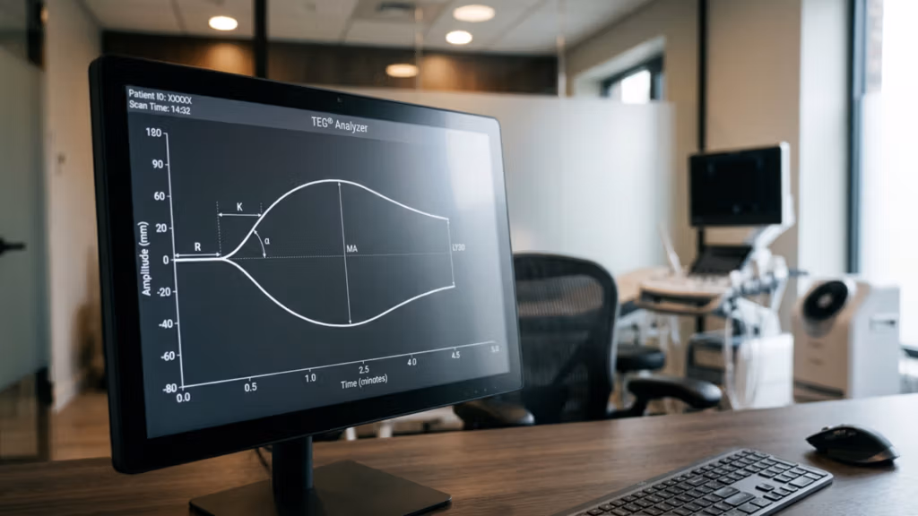Eine professionelle, redaktionelle Aufnahme einer klinischen Umgebung, aufgenommen mit einem 35-mm-Objektiv, zeigt einen hochauflösenden Monitor mit der Grafik eines TEG-Analysegeräts (Thromboelastographie). Die Komposition ist klar und technisch, der Fokus liegt auf dem Diagnosebildschirm vor einem verschwommenen, modernen Arztzimmerhintergrund. Die weiche, stimmungsvolle Beleuchtung, charakteristisch für hochwertige medizinische DSLR-Fotografie, betont die Klarheit der Datenvisualisierung auf dem Bildschirm. Das Bild zeichnet sich durch eine geringe Schärfentiefe aus: Im Vordergrund befinden sich ein moderner Holzschreibtisch, Tastatur und Maus, im unscharfen Hintergrund klinische Geräte. So entsteht eine sterile, elegante und technologisch fortschrittliche Atmosphäre.