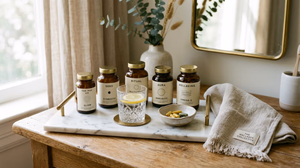Ein hochauflösendes, professionelles Produktfoto, aufgenommen mit einem 50-mm-Objektiv, zeigt ein sorgfältig arrangiertes Wellness-Ritual auf einem Marmortablett. Die Komposition besteht aus fünf bernsteinfarbenen Glasfläschchen mit Nahrungsergänzungsmitteln, einem Kristallglas mit Wasser und einer Zitronenscheibe sowie einer kleinen, handgefertigten Keramikschale mit verschiedenen Kapseln. Alle Elemente ruhen auf einer weißen Marmorplatte mit goldfarbenen Griffen. Sanftes, natürliches Morgenlicht fällt durch ein angrenzendes Fenster und erzeugt zarte Farbverläufe. Die organischen Texturen eines Leinenhandtuchs mit dem gewebten Etikett 'The Wellness Collective' werden hervorgehoben. Im Hintergrund bilden eine rustikale Holzoberfläche, eine minimalistische Keramikvase mit getrockneten Pflanzen und ein verschwommen wirkender, goldgerahmter Spiegel die Basis für eine ruhige, luxuriöse Lifestyle-Ästhetik. Das Bild zeichnet sich durch geringe Schärfentiefe, scharfe Fokussierung auf die Beschriftung und eine helle, luftige Atmosphäre aus, typisch für hochwertiges redaktionelles Wellness-Branding.