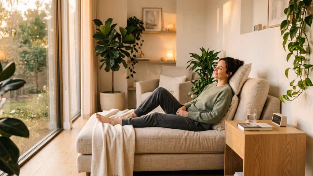 Dieses mit einem hochauflösenden 50-mm-Objektiv aufgenommene, hochwertige Foto zeigt eine Frau in entspannter Ruhe auf einem bequemen, modernen Sofa. Das sanfte, diffuse Licht der goldenen Stunde, das durch die bodentiefen Fenster fällt, schafft eine warme und einladende Atmosphäre. Die Frau mit ihrer entspannten Haltung trägt bequeme, weich gestrickte, salbeigrüne Loungewear, die perfekt zur organischen Farbpalette des minimalistischen, naturnah gestalteten Interieurs passt. Ihre Haut strahlt natürlich und gesund, ohne Schweißflecken, und reflektiert das sanfte Umgebungslicht. Die Komposition wirkt harmonisch und ruhig und betont die klaren Linien des Beistelltisches, das üppige Grün und den luftigen, ruhigen Wohnraum. Die Gesamtästhetik vermittelt gehobenen Wohnkomfort und Ruhe, erzielt durch eine geringe Schärfentiefe, die das Motiv scharf im Fokus hält und gleichzeitig den Blick in den grünen Garten sanft verschwimmen lässt.