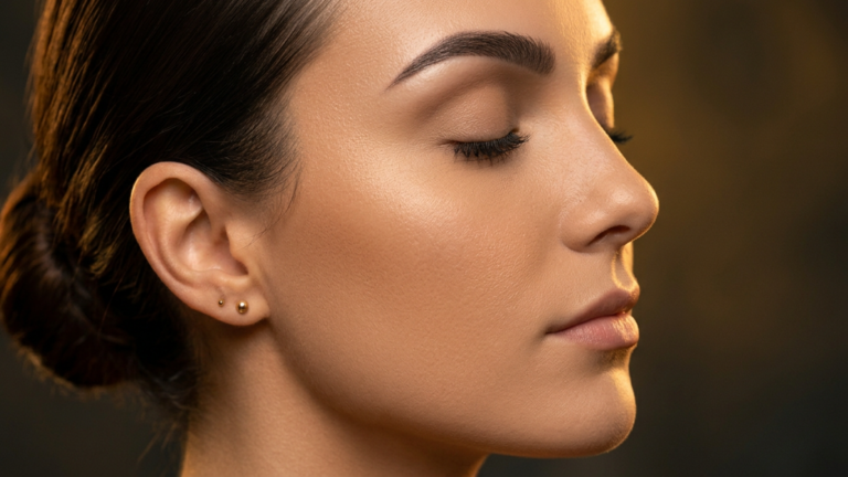 Un exquisito retrato editorial de alta gama, capturado con un objetivo fijo de 85 mm, que muestra un enfoque nítido, al estilo macro, en el perfil de una mujer. La imagen exhibe una precisión propia de una cámara réflex digital con una profundidad de campo reducida. Una iluminación lateral controlada y direccional proyecta un brillo suave y cálido sobre su rostro, acentuando el puente alto de su nariz, la mandíbula definida y los pómulos esculpidos. Su tez es luminosa e impecable, con sutiles microtexturas y una hidratación natural y saludable que capta la luz. La piel de la modelo posee un brillo sutil, que sugiere un sofisticado acabado de cuidado de la piel. Lleva pendientes minimalistas de oro pulido que reflejan la luz ambiental del atardecer. Su cabello está elegantemente recogido en un moño pulido y ajustado, que enfatiza un escote limpio y escultural. El fondo es un degradado melancólico y desenfocado de tonos carbón y ámbar, que evoca una atmósfera lujosa y cinematográfica.