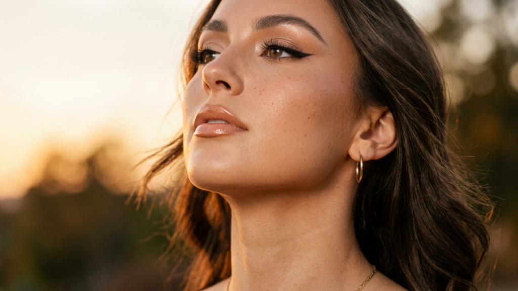 A high-end editorial portrait captured with an 85mm prime lens on a full-frame DSLR, showcasing a female subject in a serene, golden-hour setting. The image quality is exceptional, featuring razor-sharp focus on the eyes and a soft, buttery bokeh background. The lighting is characterized by a warm, directional 'golden hour' glow that skims across the subject’s face, accentuating the high points of her cheekbones and jawline with natural luminosity. The subject’s skin displays a healthy, dewy texture with visible, natural pores and a subtle, high-gloss finish on the lips that catches the ambient sunlight. She wears understated gold hoop earrings and a delicate chain necklace, complementing her sophisticated, effortless look. The composition is a classic beauty close-up, with the soft, out-of-focus sunset landscape creating an intimate, ethereal, and luxurious atmosphere.