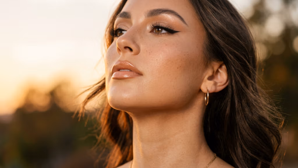 A high-end editorial portrait captured with an 85mm prime lens on a full-frame DSLR, showcasing a female subject in a serene, golden-hour setting. The image quality is exceptional, featuring razor-sharp focus on the eyes and a soft, buttery bokeh background. The lighting is characterized by a warm, directional 'golden hour' glow that skims across the subject’s face, accentuating the high points of her cheekbones and jawline with natural luminosity. The subject’s skin displays a healthy, dewy texture with visible, natural pores and a subtle, high-gloss finish on the lips that catches the ambient sunlight. She wears understated gold hoop earrings and a delicate chain necklace, complementing her sophisticated, effortless look. The composition is a classic beauty close-up, with the soft, out-of-focus sunset landscape creating an intimate, ethereal, and luxurious atmosphere.