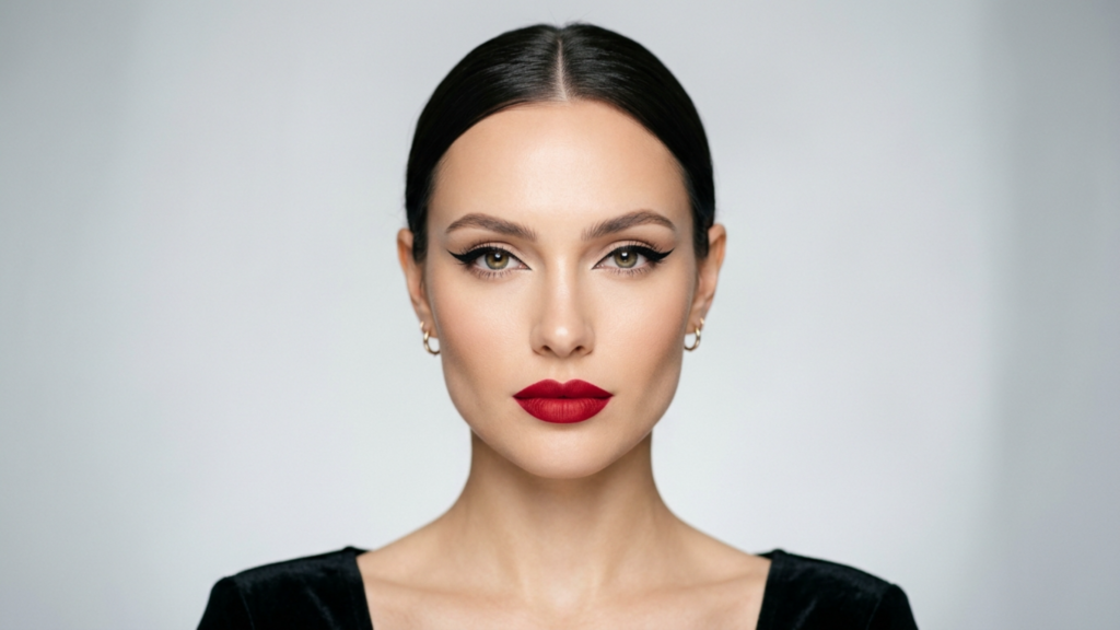 A high-resolution, professional studio portrait captured with an 85mm prime lens on a high-end DSLR, exhibiting 4K clarity and precise focus. The lighting is soft and diffused, creating a flattering, even illumination that highlights the model's symmetrical facial structure and refined features. The subject is a female with sharp, sculpted cheekbones, a strong jawline, and a poised, direct gaze. Her skin has a flawless, matte finish, exuding a polished luminescence. She is wearing a minimalist black garment with a subtle velvet-like texture and understated gold hoop earrings. The composition is a perfectly centered, clean headshot against a neutral, seamless grey backdrop, evoking a sophisticated, high-fashion editorial aesthetic.