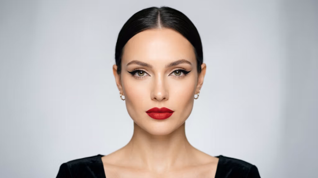 A high-resolution, professional studio portrait captured with an 85mm prime lens on a high-end DSLR, exhibiting 4K clarity and precise focus. The lighting is soft and diffused, creating a flattering, even illumination that highlights the model's symmetrical facial structure and refined features. The subject is a female with sharp, sculpted cheekbones, a strong jawline, and a poised, direct gaze. Her skin has a flawless, matte finish, exuding a polished luminescence. She is wearing a minimalist black garment with a subtle velvet-like texture and understated gold hoop earrings. The composition is a perfectly centered, clean headshot against a neutral, seamless grey backdrop, evoking a sophisticated, high-fashion editorial aesthetic.