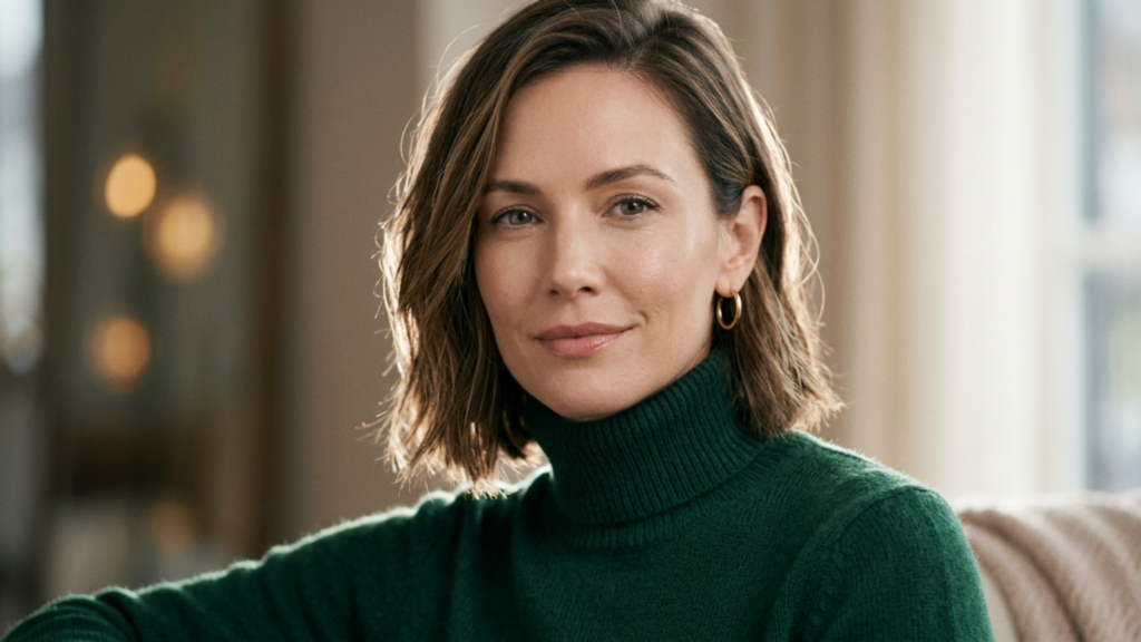 A high-end editorial portrait captured with an 85mm prime lens, showcasing a woman with a refined, poised demeanor. The image exhibits DSLR-quality clarity with a shallow depth of field that elegantly softens the background. Lighting is soft and diffused, creating a flattering, natural glow that highlights her delicate facial features and skin texture, which appears smooth, hydrated, and luminous. She is dressed in a plush, rich green wool-blend turtleneck sweater that offers a tactile, textured aesthetic. Her accessories are minimal, featuring subtle gold hoop earrings that catch the light. The composition is centered, framing the subject against a softly blurred, sophisticated interior, evoking a tranquil, luxurious atmosphere.
